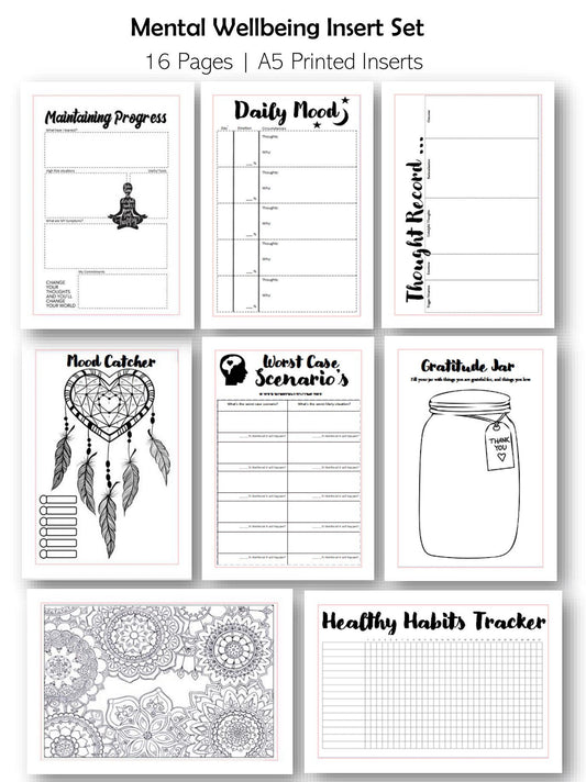 Printable Self Care Mental Wellbeing Organiser Insert for A5 Planner or Filofax | Track Habits, Thoughts, Mood, Anxiety & Depression