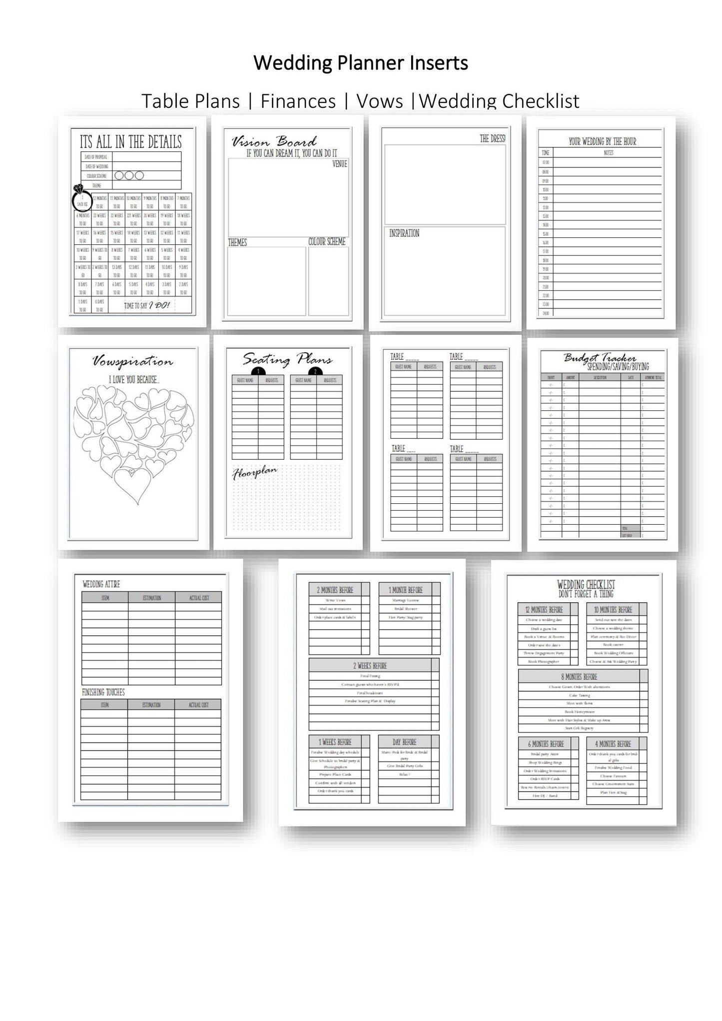 Personalised wedding planning a5 planner inserts | Plan your wedding from seating to the guestlists with a wedding countdown