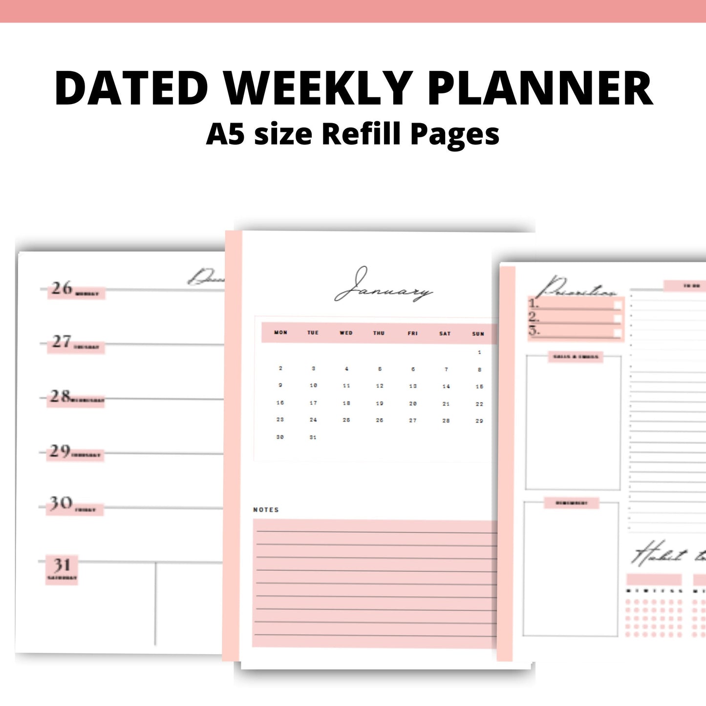 DATED weekly a5 planner inserts | Weekly diary page refills | Monthly Weekly Dated Calendar