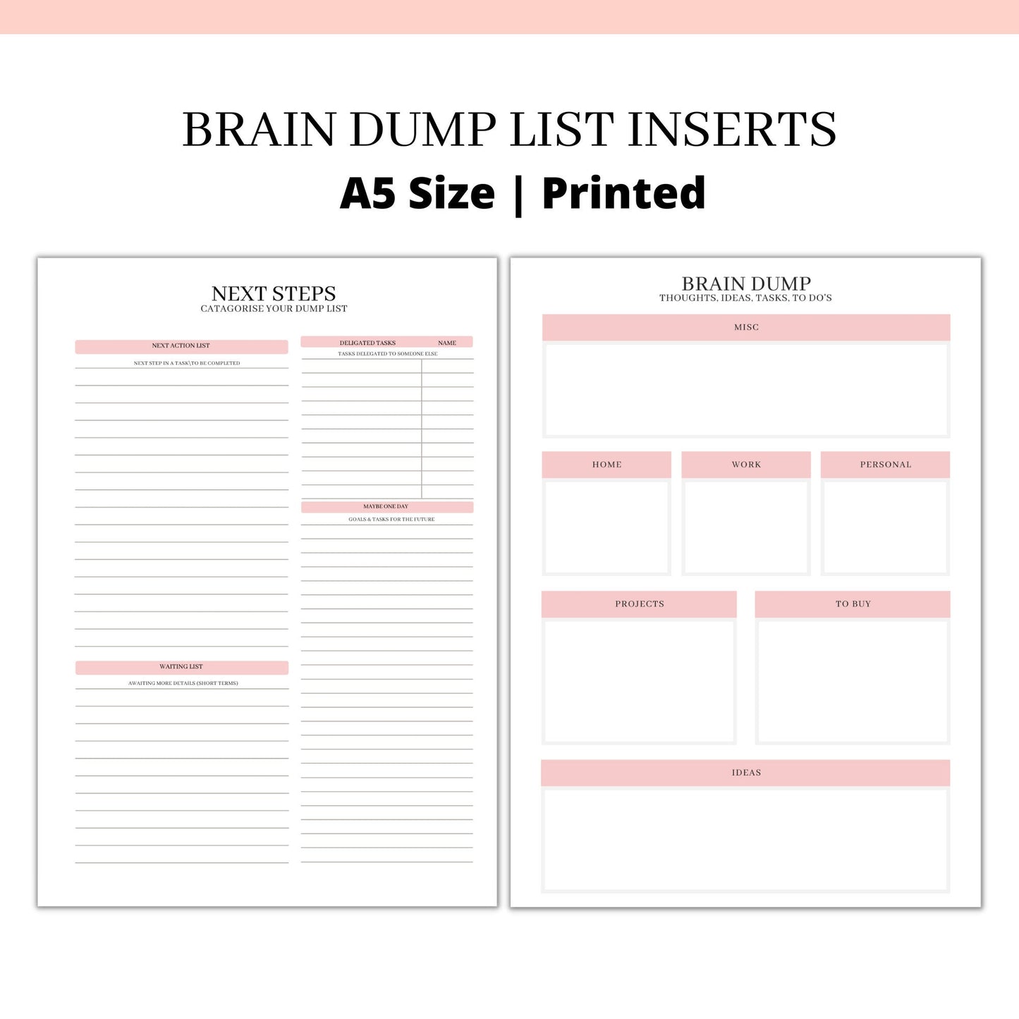 PRINTED BRAIN DUMP Planner organiser inserts | A5 Size | Mental health | Getting things done | Quiet mind activity