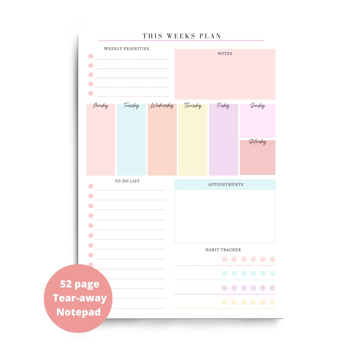 A5 / A4 Weekly Planner Pad | Tear off Note Planner with Habit Tracker | Colourful Desk Pad for Weekly To Do List Desk Planner