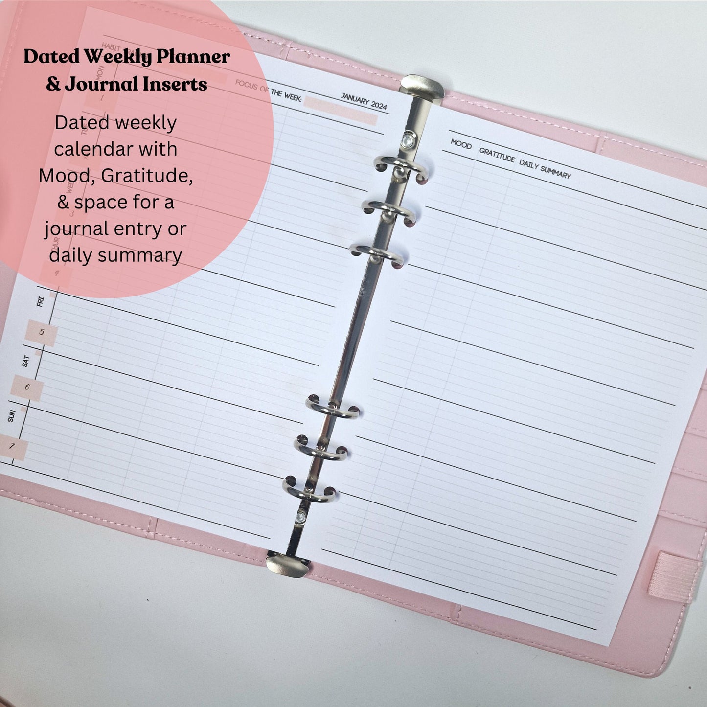 DATED Weekly a5 Planner Inserts | Horizontal Layout with Journal pages| Weekly diary page refills | Daily summary inserts mood, gratitude