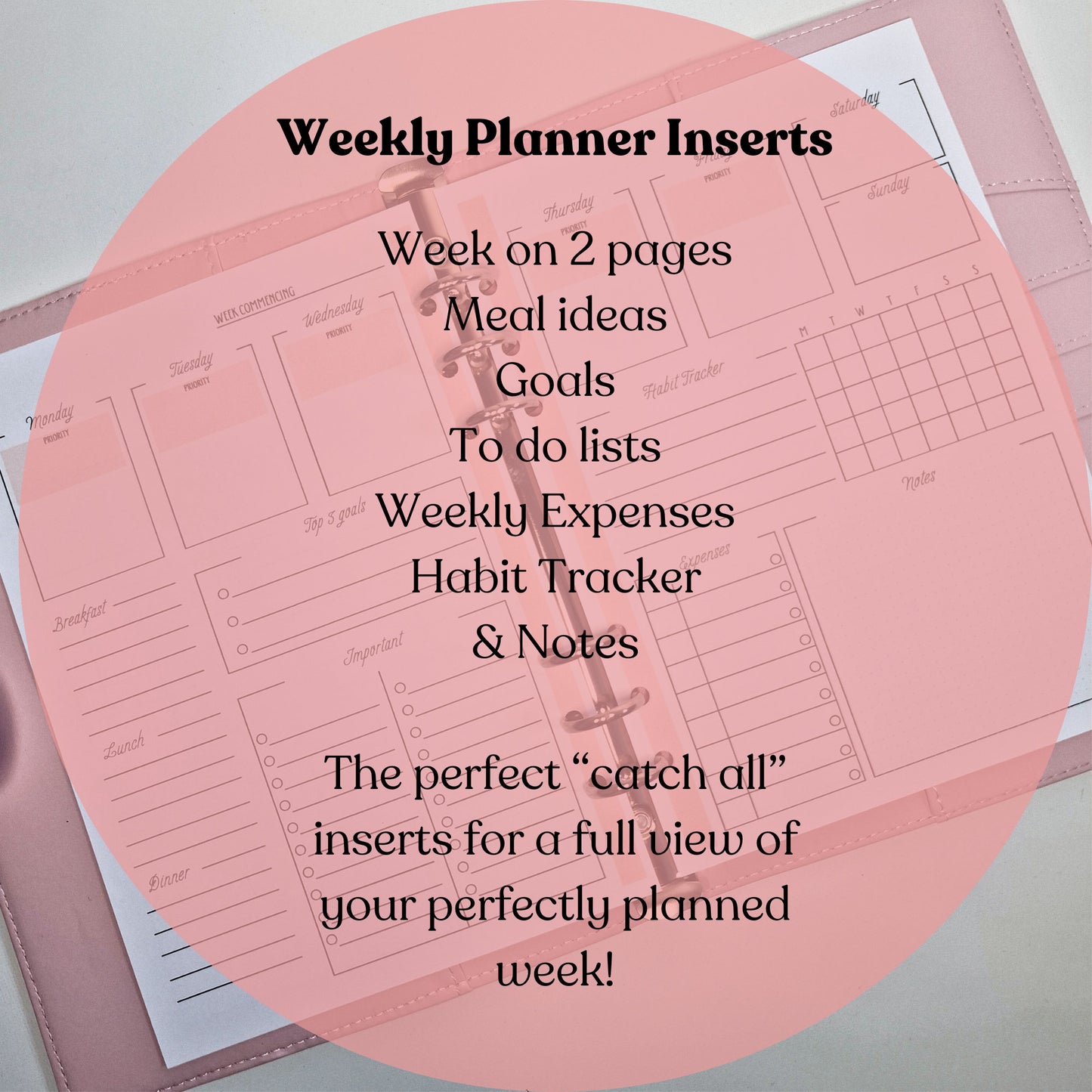 Weekly a5 planner inserts | Weekly diary page refills |Weekly planner with full week view