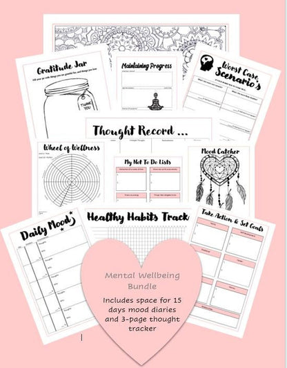 A5 Inserts-8 page Mental Wellbeing, mental health, Habits, Mood diary, thought tracker, gratitude jar, mood tracker anxiety depression