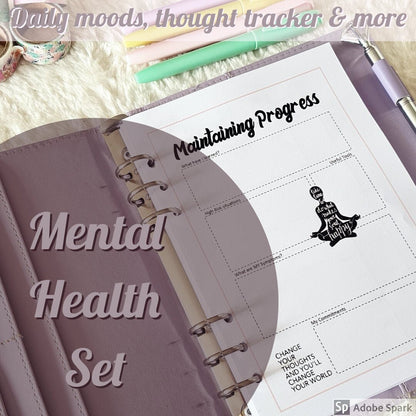 Printable Self Care Mental Wellbeing Organiser Insert for A5 Planner or Filofax | Track Habits, Thoughts, Mood, Anxiety & Depression