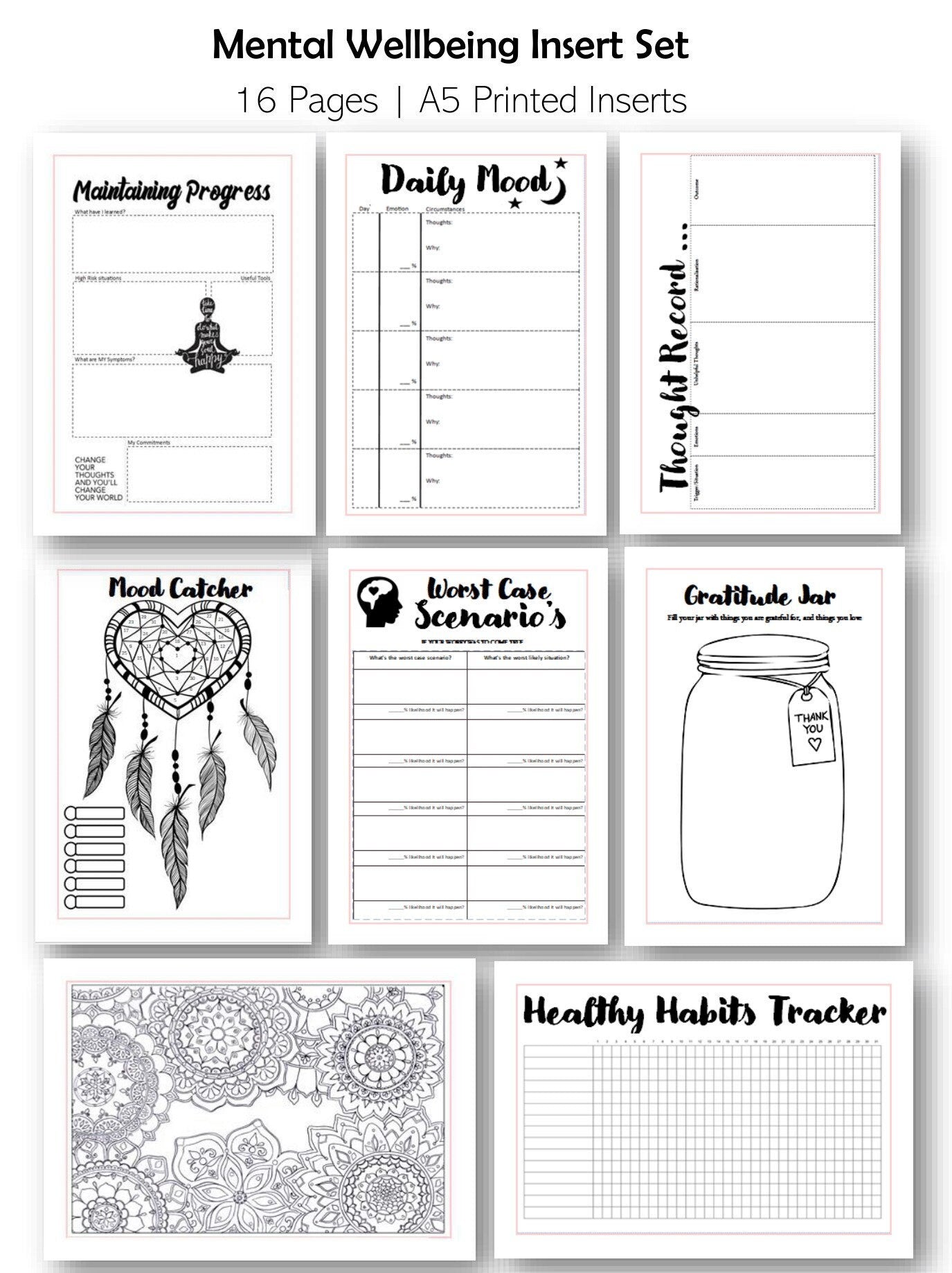 Printable Self Care Mental Wellbeing Organiser Insert for A5 Planner or Filofax | Track Habits, Thoughts, Mood, Anxiety & Depression