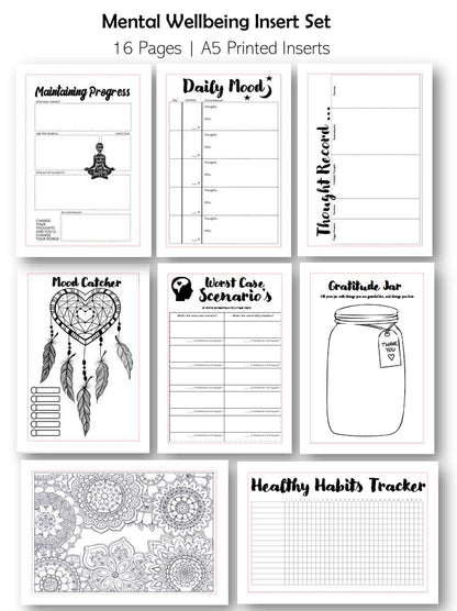 A5 Inserts-8 page Mental Wellbeing, mental health, Habits, Mood diary, thought tracker, gratitude jar, mood tracker anxiety depression
