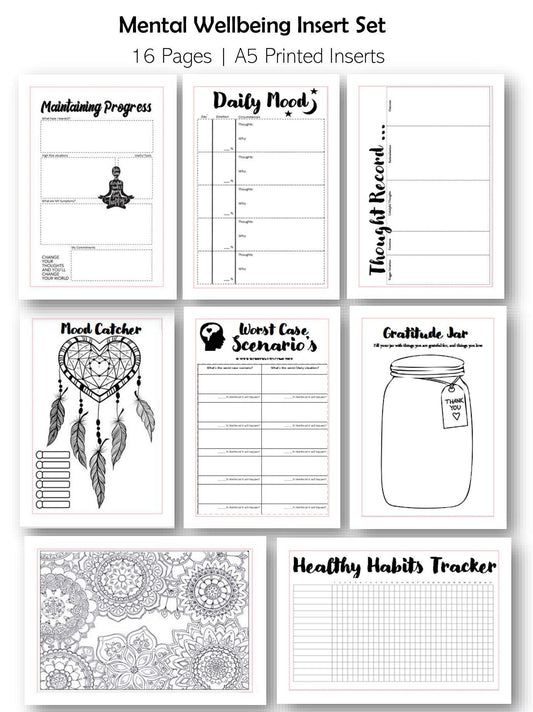 A5 Inserts-8 page Mental Wellbeing, mental health, Habits, Mood diary, thought tracker, gratitude jar, mood tracker anxiety depression