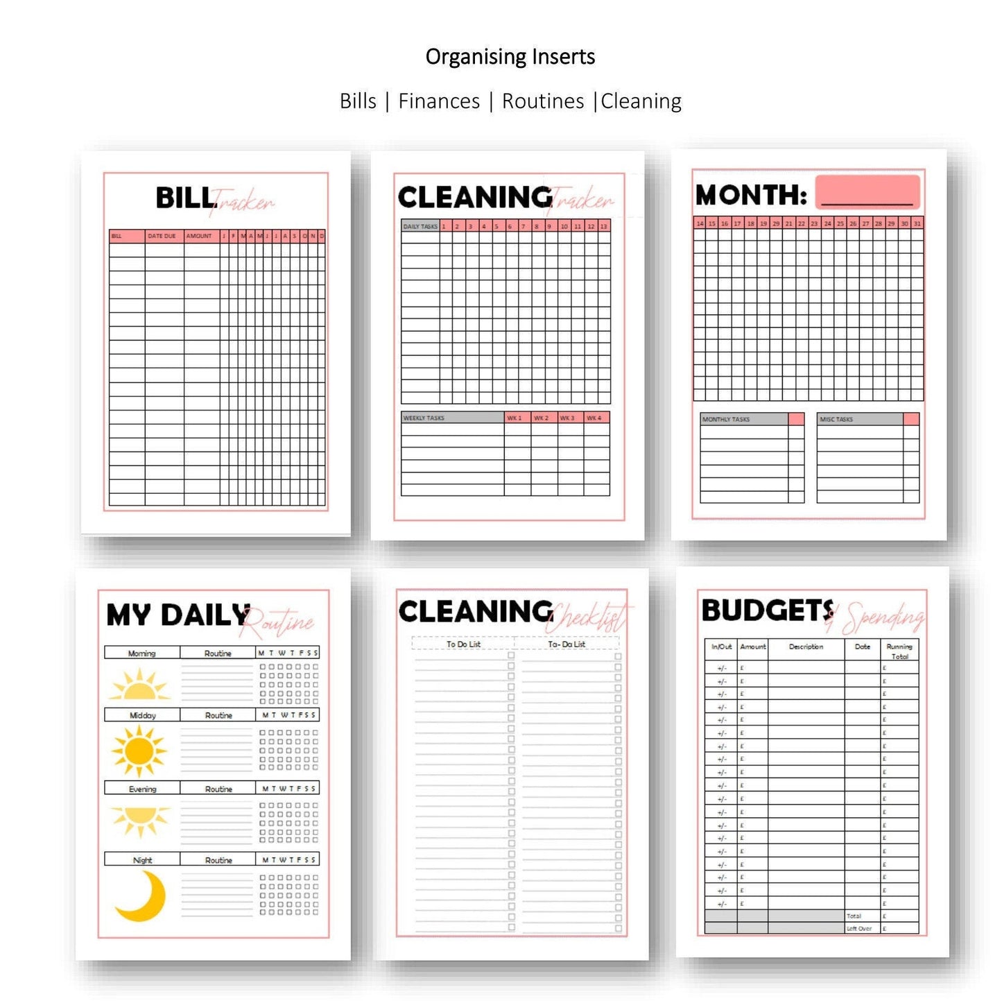 Printed A5 Organiser Inserts |  Cleaning tracker Budgets, Spending & Finances  | Mrs Hinch Inspired Lists  |