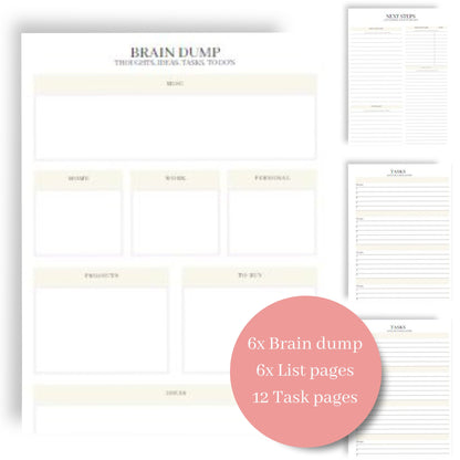 PRINTED BRAIN DUMP Planner organiser inserts | A5 Size | Mental health | Getting things done | Quiet mind activity