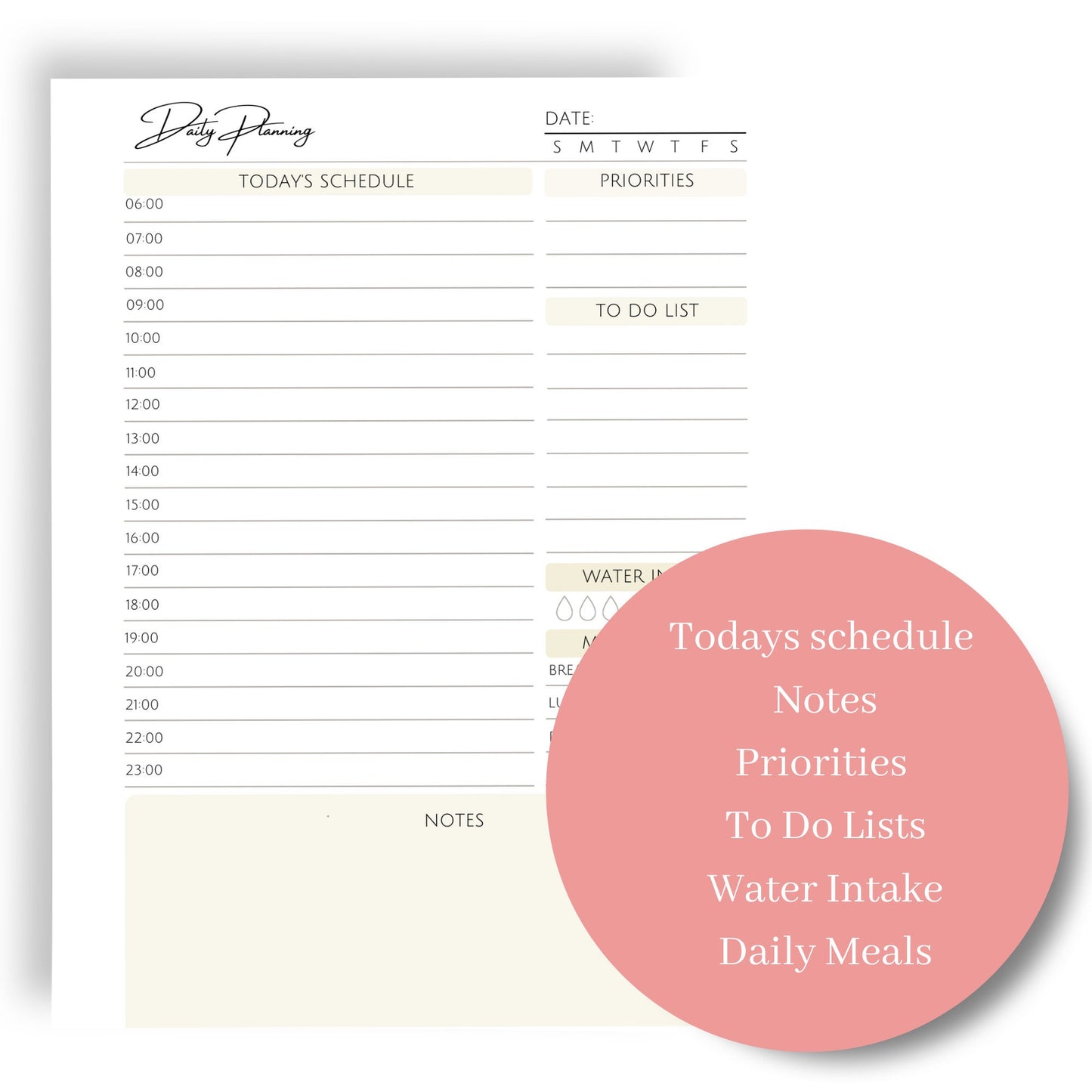 UNDATED DAILY PLANNER  inserts | A5 Size | Schedules, Notes, Water tracker, Meal Planning, Priorities and to do lists