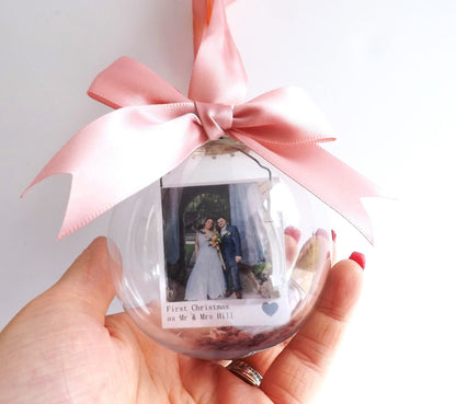 Personalised photo Mr & Mrs First Christmas Bauble