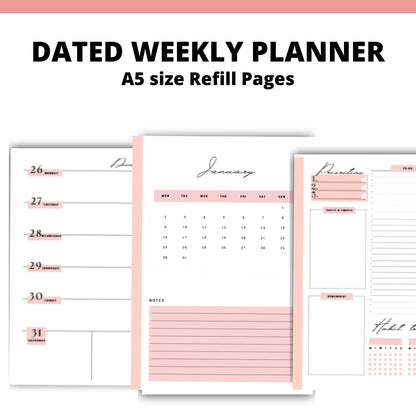DATED weekly a5 planner inserts | Weekly diary page refills | Monthly Weekly Dated Calendar
