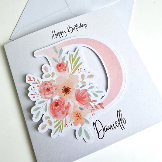 Personalised Birthday Card | Floral Initial Custom 3d Greeting Card for Her, Mum, Grandmother, Daughter Special Birthday