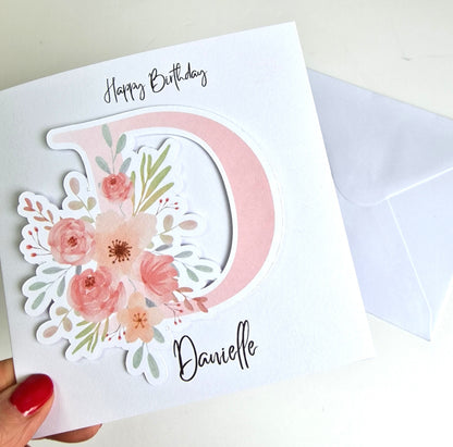 Personalised Birthday Card | Floral Initial Custom 3d Greeting Card for Her, Mum, Grandmother, Daughter Special Birthday