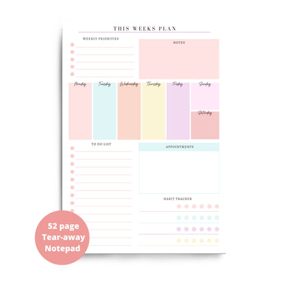 A5 / A4 Weekly Planner Pad | Tear off Note Planner with Habit Tracker | Colourful Desk Pad for Weekly To Do List Desk Planner