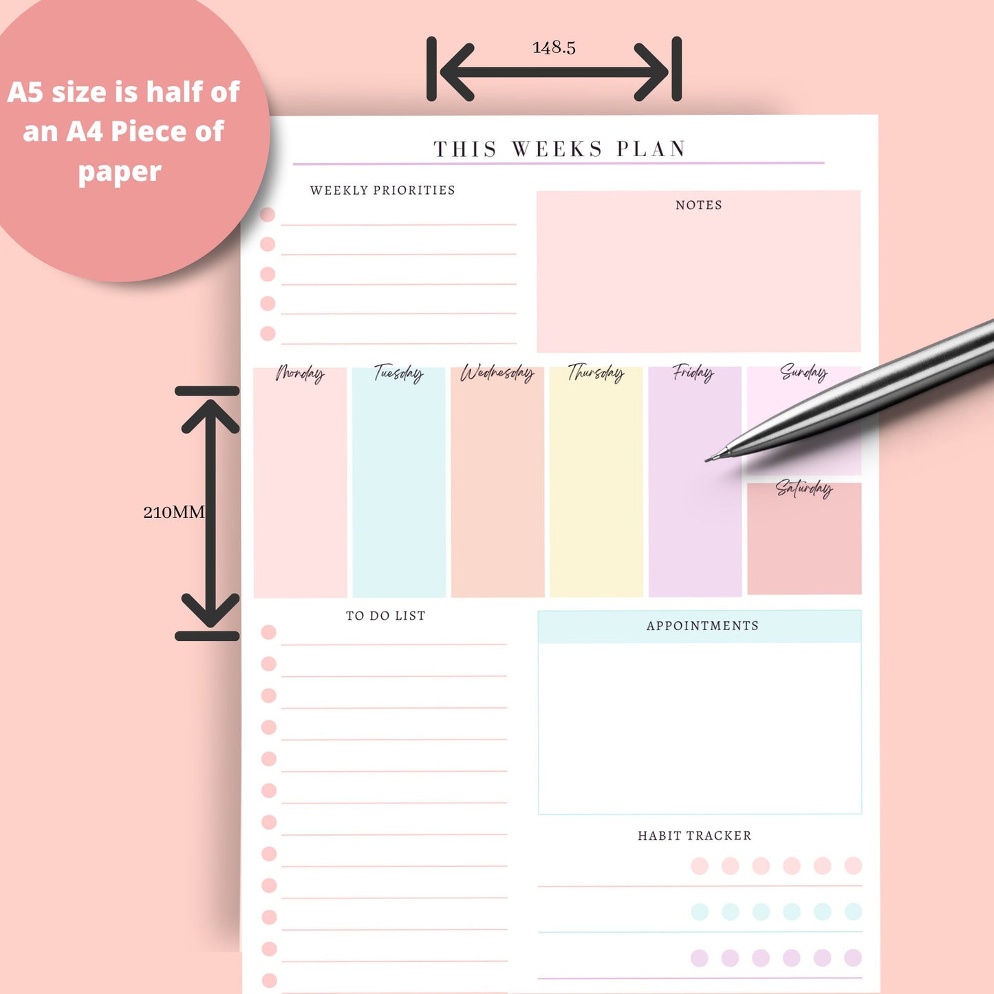 A5 / A4 Weekly Planner Pad | Tear off Note Planner with Habit Tracker | Colourful Desk Pad for Weekly To Do List Desk Planner