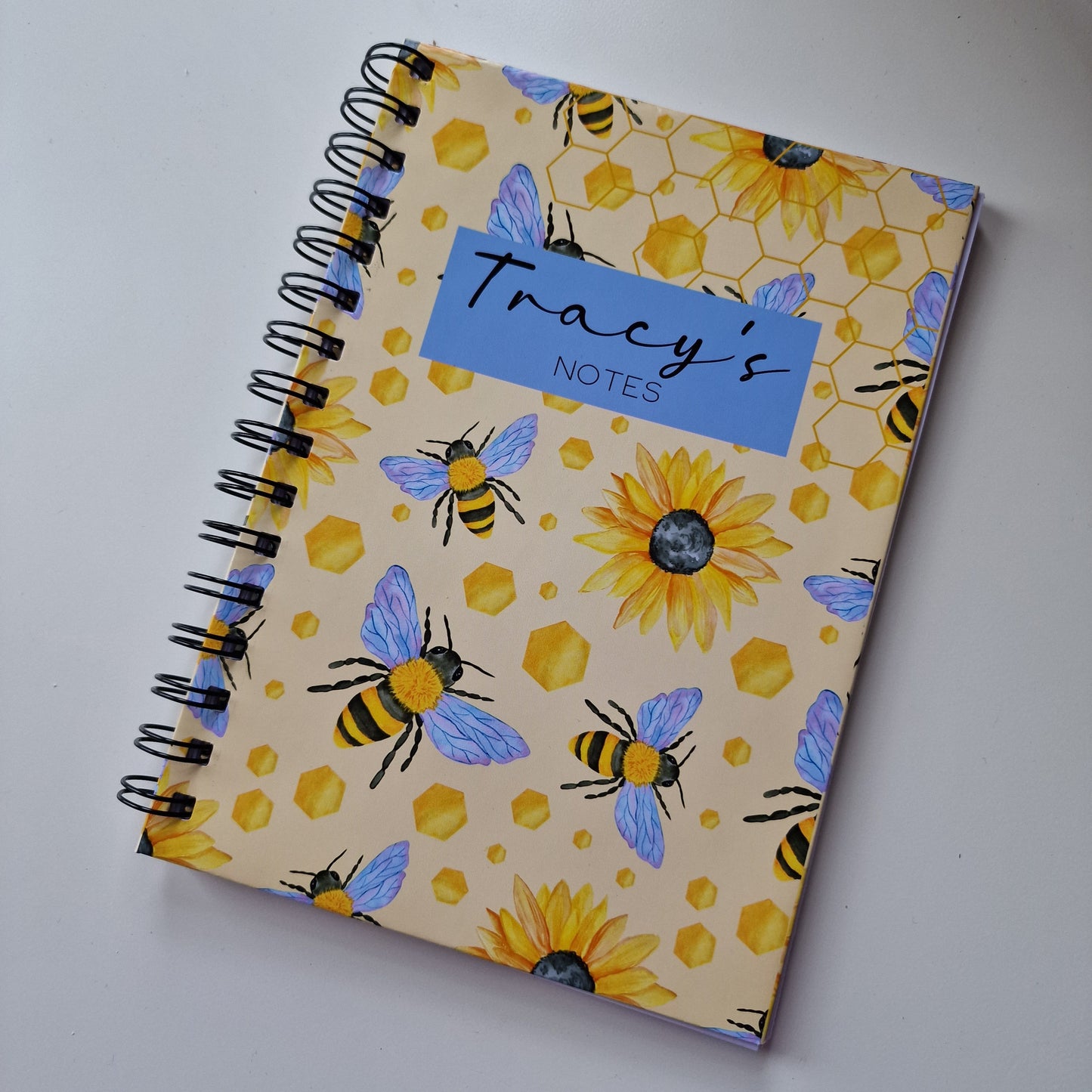 Personalised A5 Bee Sunflower Notebook Wire bound Lined Paper  | Custom Hardback Spiral Note Book Notepad