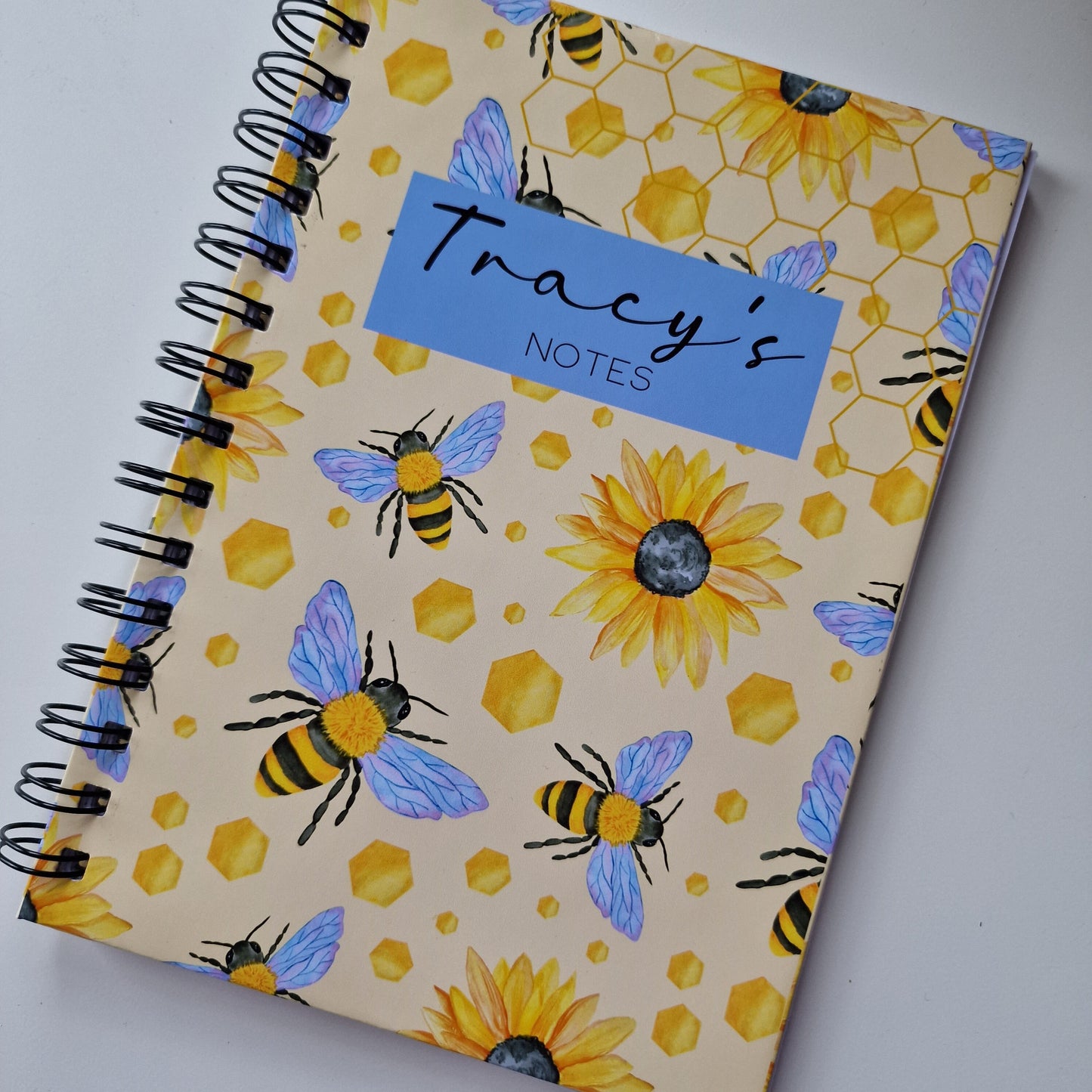 Personalised A5 Bee Sunflower Notebook Wire bound Lined Paper  | Custom Hardback Spiral Note Book Notepad