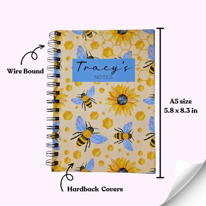 Personalised A5 Bee Sunflower Notebook Wire bound Lined Paper  | Custom Hardback Spiral Note Book Notepad