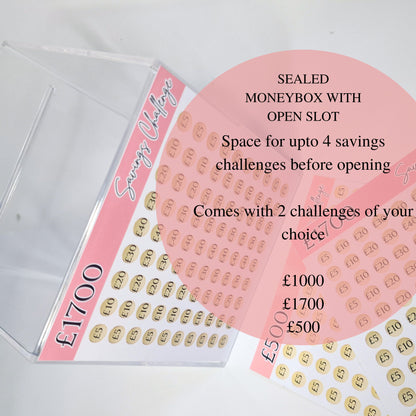 Acrylic Money box Savings Challenge with sealed money jar and Savings Challenge Stickers 1000, 500, 1700