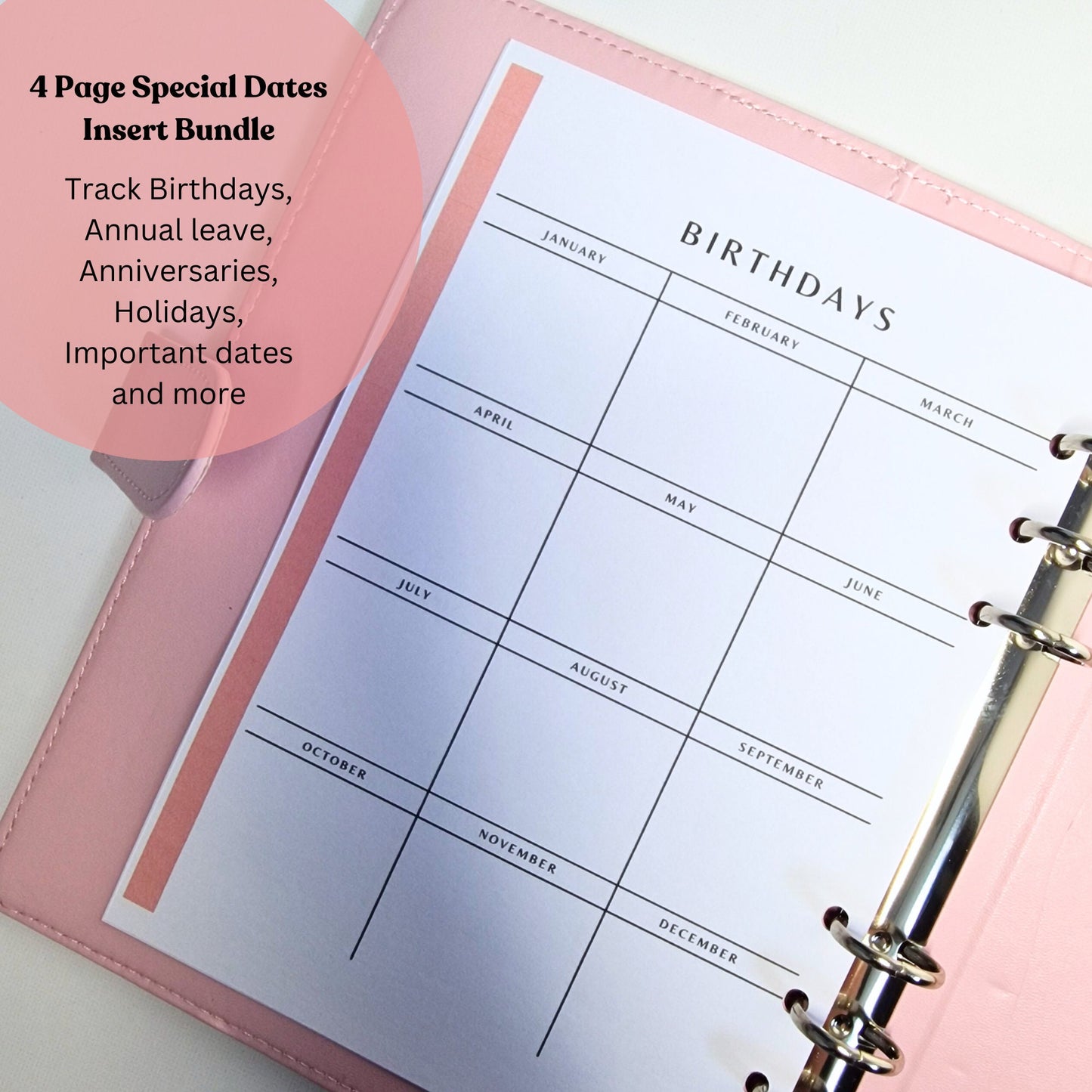 A5 Organiser Inserts to Track Special dates, Birthdays & Events at a glance | 4 Page Yearly Overview Bundle