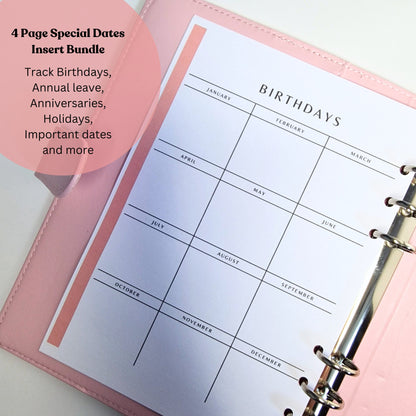 A5 Organiser Inserts to Track Special dates, Birthdays & Events at a glance | 4 Page Yearly Overview Bundle